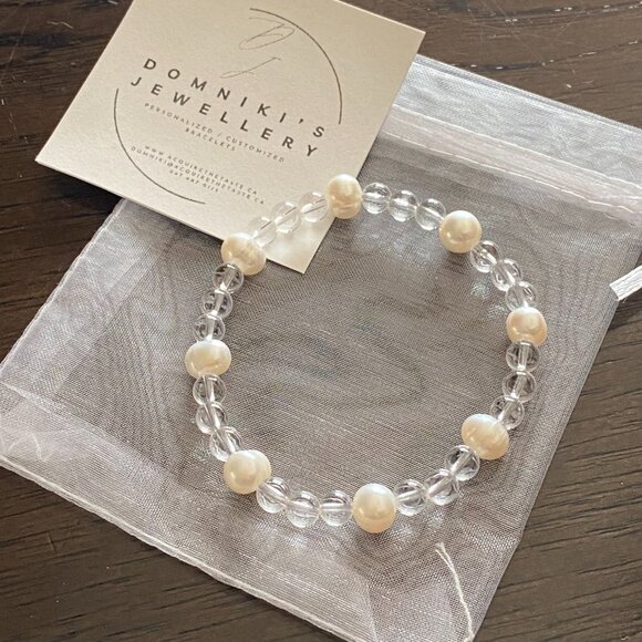 6mm Authentic Clear Quartz Gemstone Bracelet with 8mm Real Fresh Water Pearls - Picture 2 of 5